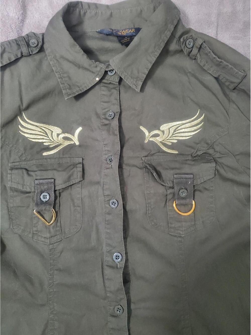 Vintage Rocawear Olive Green Military Style Button-Up Shirt